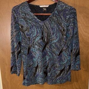 Peter Nygard Blue and Black Swirl V-Neck Blouse